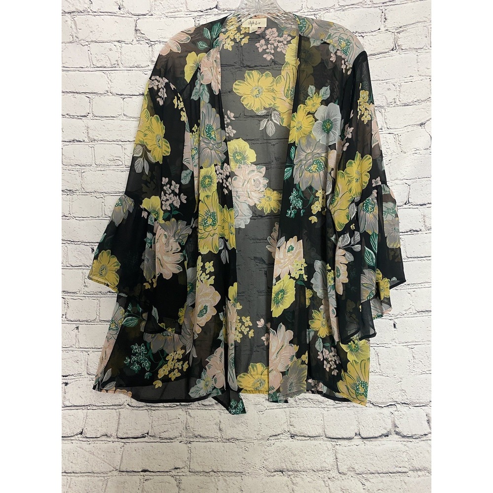 Style & Co Womens Kimono  PXL Black Floral Bell Sleeve Cottage Core Coquette